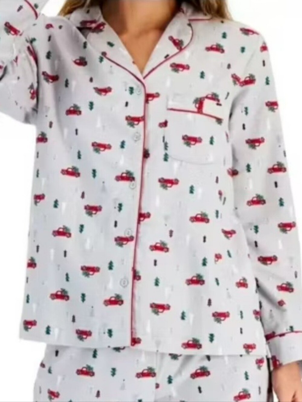 Charter Club Gray Pajama Top with Red Truck and Green Tree Motif